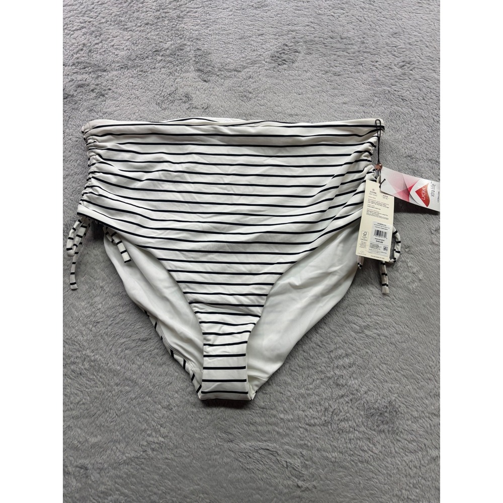 CALIA Womens XXL Ruched Side Tie High Rise Swim Bottom Coastal Stripe White NEW